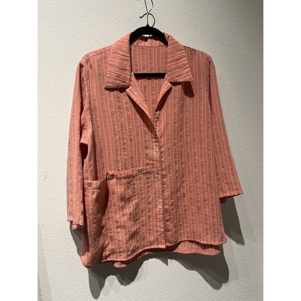 Fridaze 100% Linen Top Coral‎ Striped Button Up Size L Blouse Lagenlook Beach